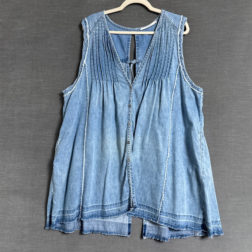We The Free People Madison Denim Tunic Top L Blue Cotton Linen Boho Layer Fall